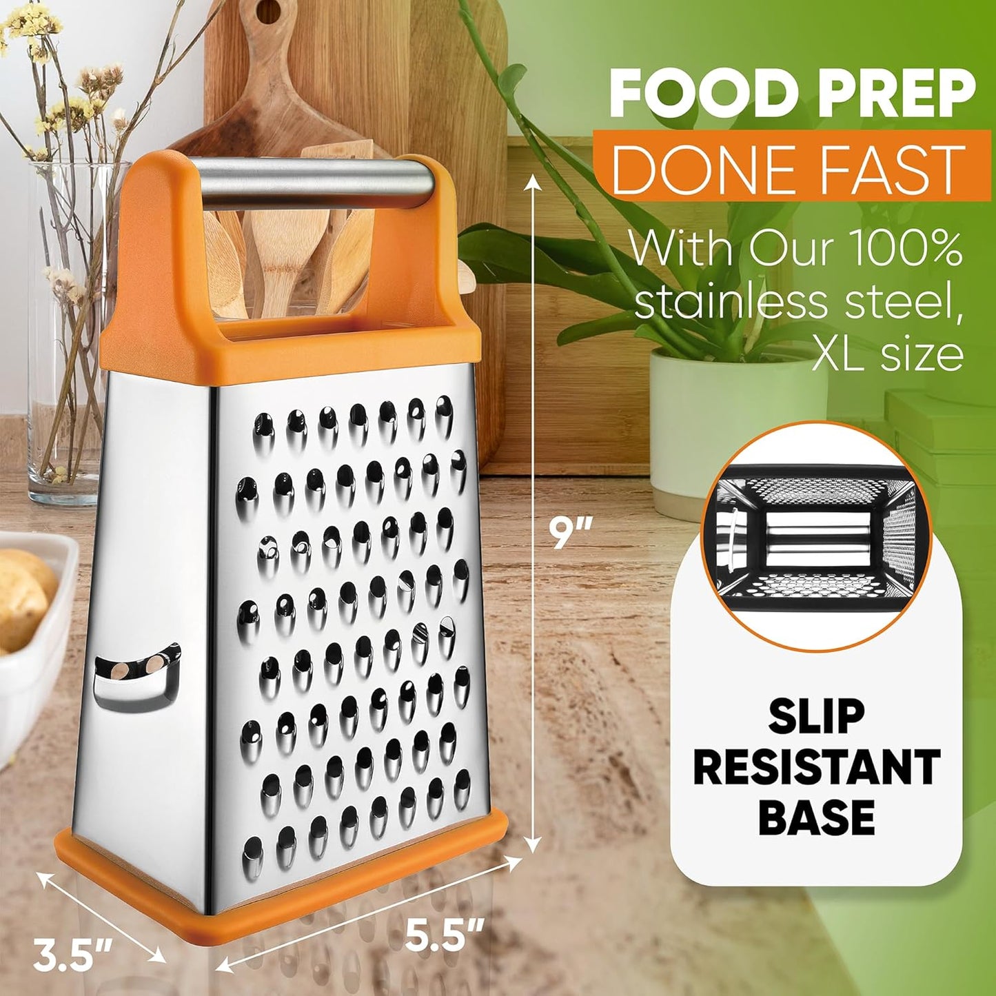 Spring Chef Professional Cheese Grater - Stainless Steel, XL Size, 4 Sides - Perfect Box Grater for Parmesan Cheese, Vegetables, Ginger - Dishwasher Safe - Black