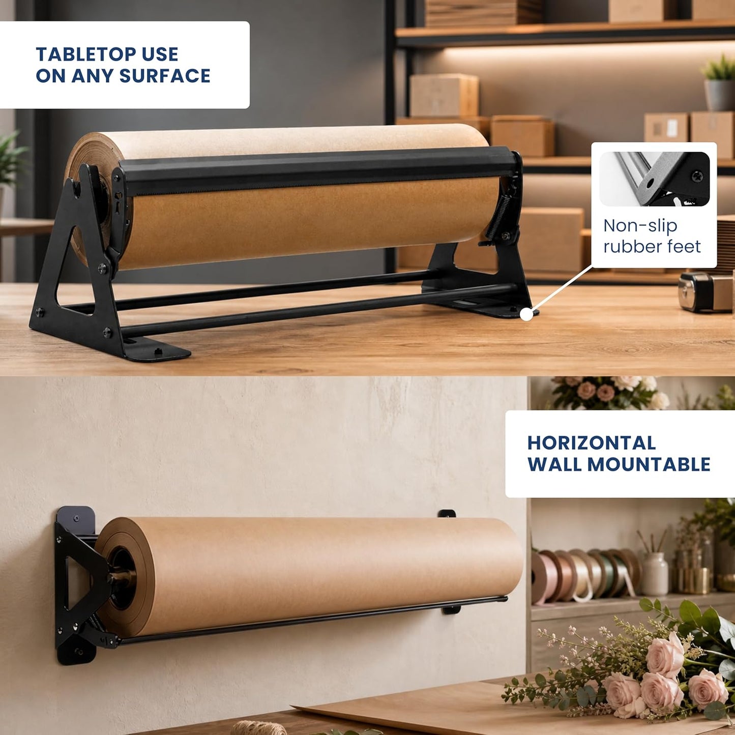 DIY Crew 12 Inch Paper Roll Dispenser and Cutter - Heavy-Duty Wall Mountable, Non Slip Tabletop - Kraft, Freezer, Butcher Paper - Up to 1000ft Rolls