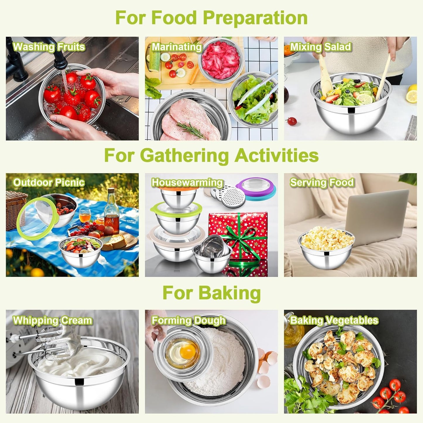 E-far Mixing Bowls Set of 5, Stainless Steel Salad Mixing Bowl with Transparent Lid, Metal Nesting Bowl Attach with 3 Graters for Kitchen Prepping/Serving/Baking/Storage, 4.6/2.6/1.5/1/0.7 QT - Khaki