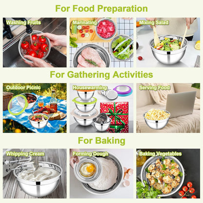 E-far Mixing Bowls Set of 5, Stainless Steel Salad Mixing Bowl with Transparent Lid, Metal Nesting Bowl Attach with 3 Graters for Kitchen Prepping/Serving/Baking/Storage, 4.6/2.6/1.5/1/0.7 QT - Khaki