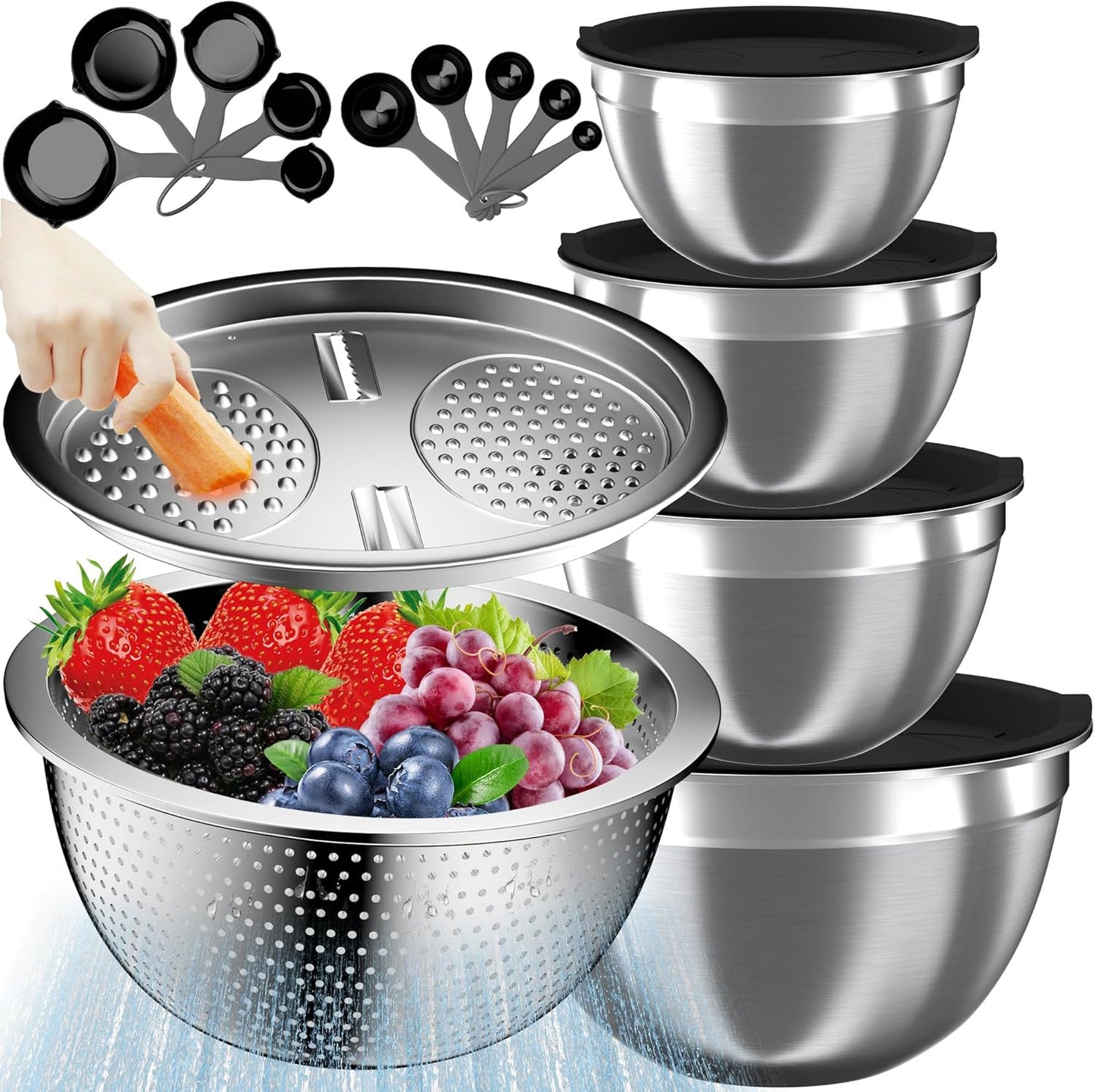 Mixing Bowls with Airtight Lids Set, 4 Stainless Steel Bowls Nesting Bowls & Colander, Kitchen Organizers and Storage Non-Slip Bottom, Size 1.5/2.0/2.5/4.5QT, Great for Mixing & Serving, Khaki