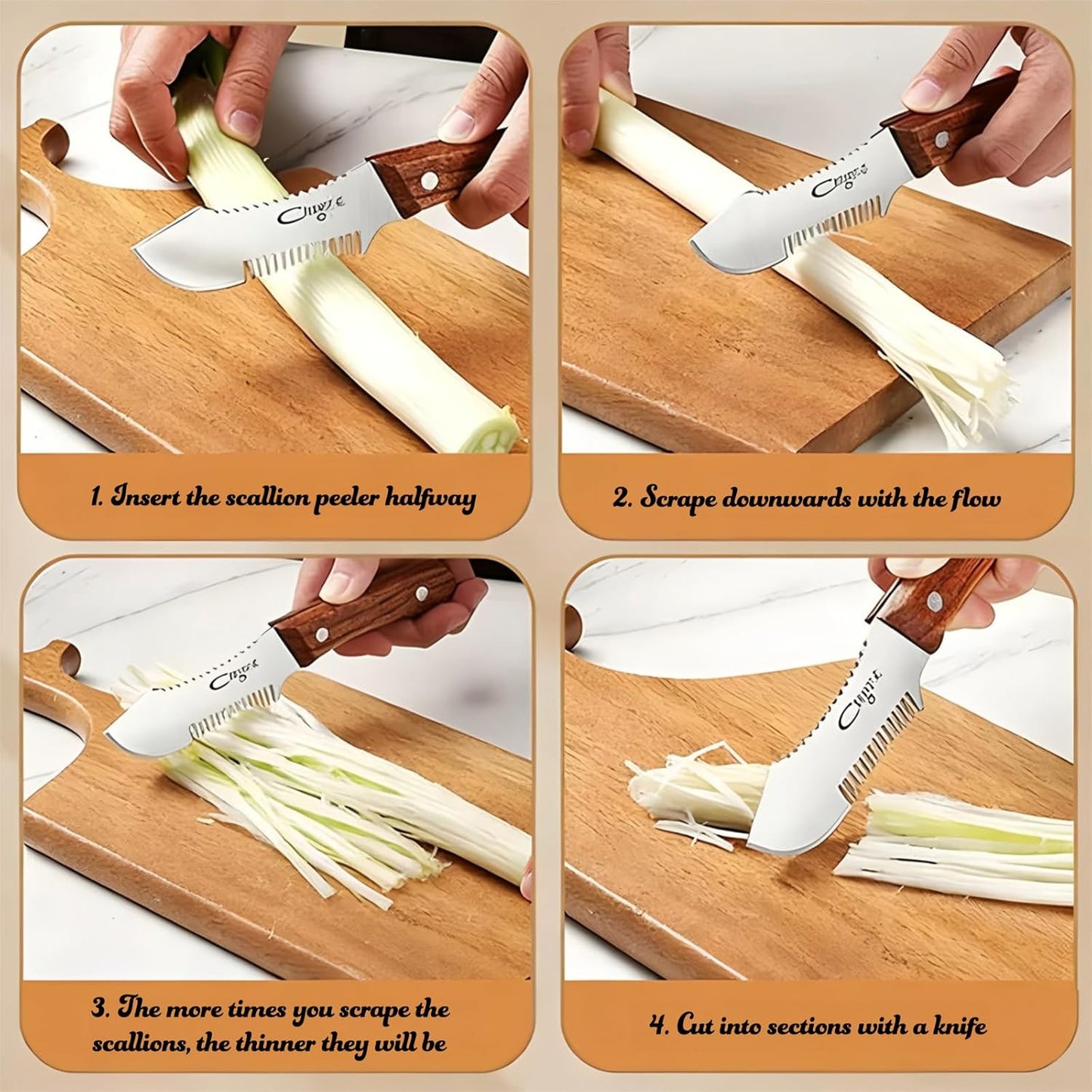Julienne Slicer Stainless Steel Onion Cutter Scallion Shredder, Vegetable Chopper with Comb Teeth, Kitchen Gadgets (Full Stainless Steel)