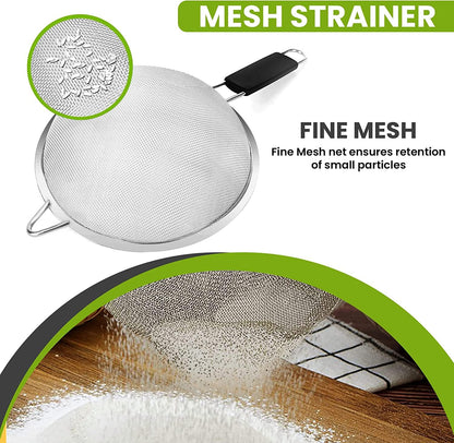 Fine Mesh Strainer with thermo plastic rubber handle - Sieve Fine Mesh Stainless Steel - Ideal to Sift Flour, Icing Sugar, Fruits and Vegetables (6.3 Inches)