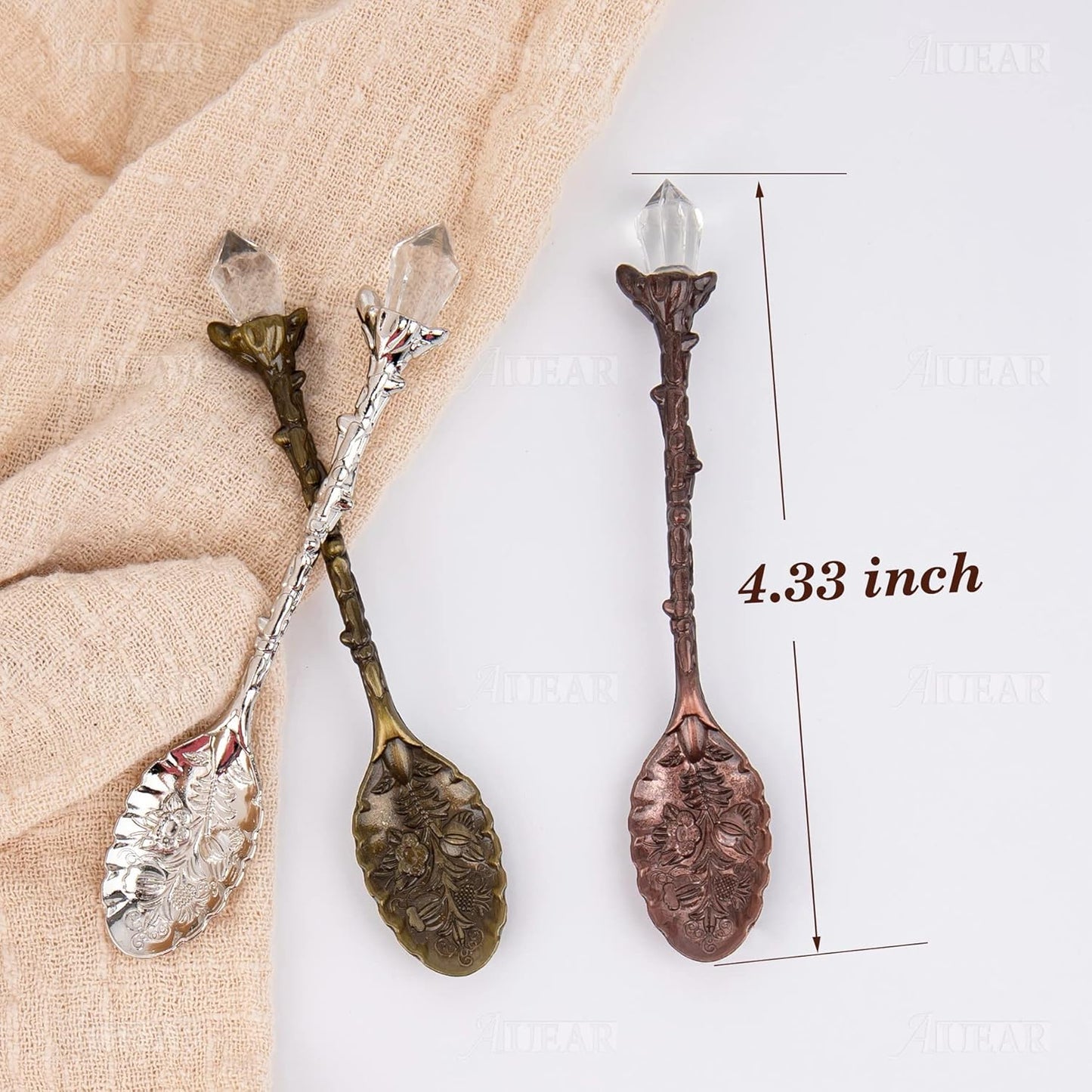 AUEAR, Retro Crystal Antique Alloy Spoon Coffee Tea Dessert Mini Ice Cream Decorative Spoons Set for Home Office (10 Pack)