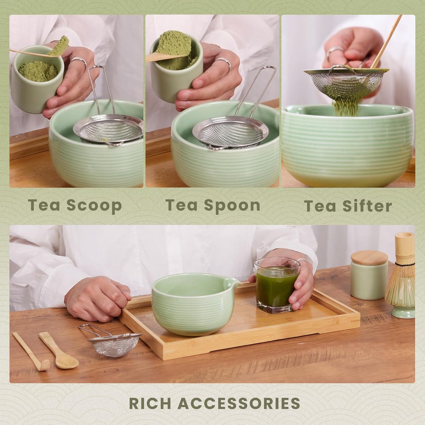 6-Piece Matcha Set, Matcha Whisk (Chasen) & Holder, Matcha Bowl with Spout, Sifter & Spoon, Bamboo & Ceramic, Dark Green