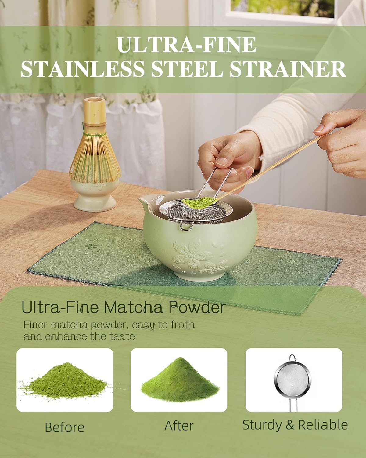 ZENS Matcha Whisk Set, Ceramic Matcha Kit Set Includes Matcha Bowl, Bamboo Whisk and Scoop, Chasen Holder, 304 Sifter and Tea Mat - 6Pcs Matcha Kit for Matcha Lovers (White)