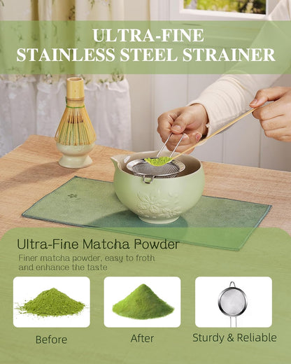 ZENS Matcha Whisk Set, Ceramic Matcha Kit Set Includes Matcha Bowl, Bamboo Whisk and Scoop, Chasen Holder, 304 Sifter and Tea Mat - 6Pcs Matcha Kit for Matcha Lovers (White)