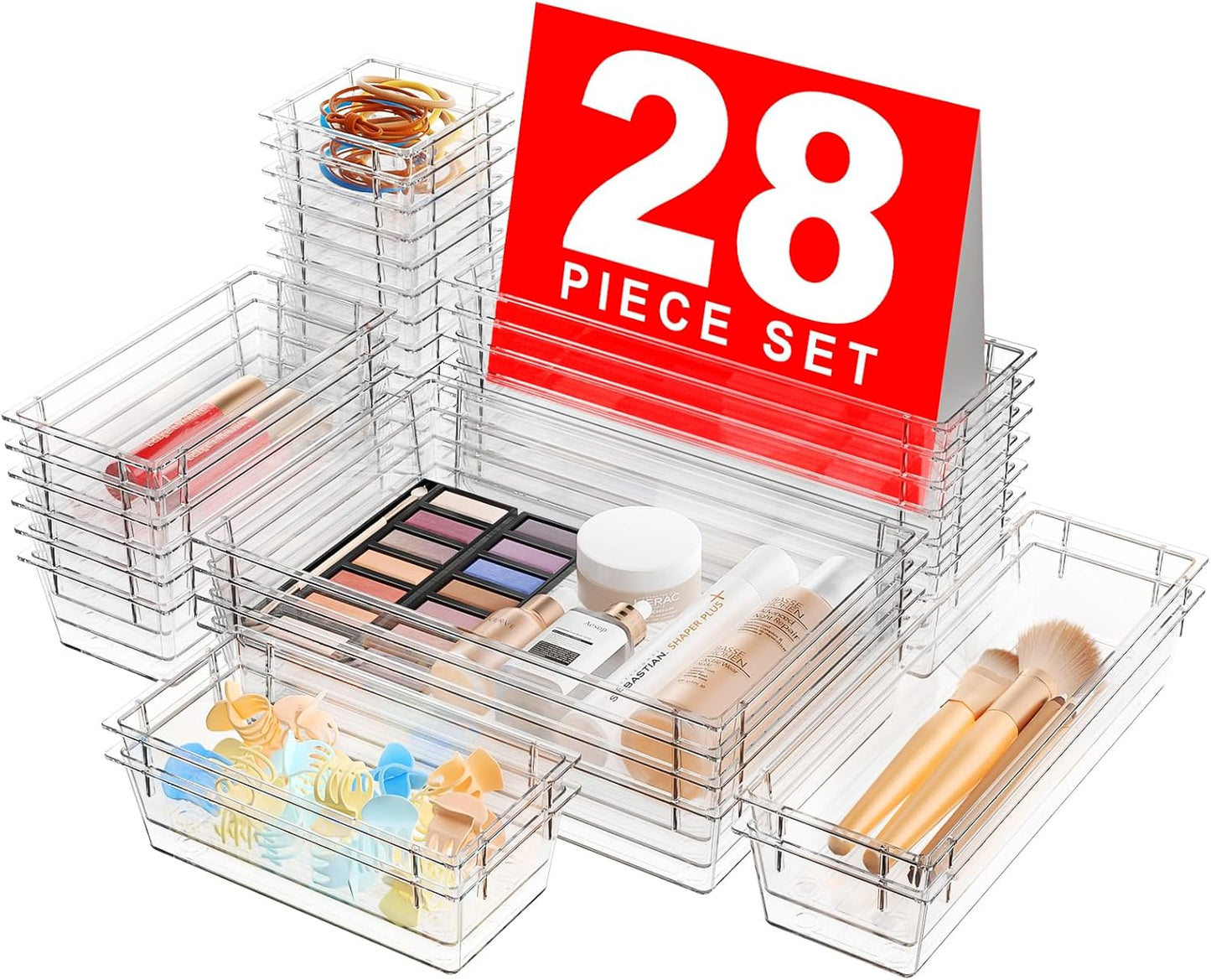 A-LuGei 【Military Grade】 Drawer Organizer, 【𝟱𝗦𝗶𝘇𝗲】 Makeup organizer, 【Holds 177 Items】 Bathroom Organizers and Storage, Organization and Storage, Desk Drawer Organizer for Vanity (Clear)
