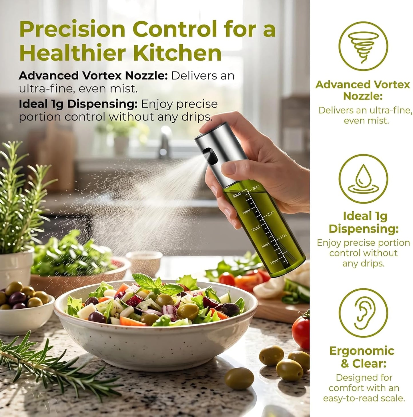 Cooking Oil Spray Bottle, Olive Oil and Avocado Oil Spray Bottle, 100ml Olive Oil Spray Bottle, Kitchen Tools, Air Fryer, Salad, Frying, Grilling (light-blocking glass)-Silver