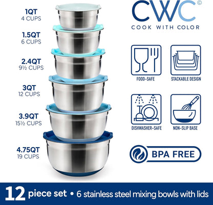 COOK WITH COLOR Stainless Steel Mixing Bowls Set with Lids - Nesting Bowls with Non-Slip Bottom, Silver, 14 Pieces