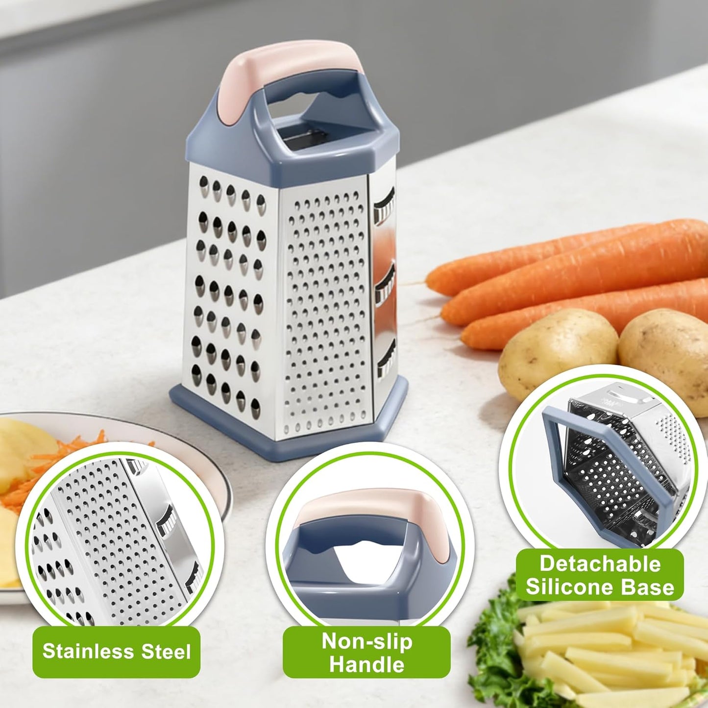 Cheese Grater, 6 Sides Box Graters for Kitchen, Stainless Steel Food Shredders for Cheese Vegetables Potatoes Carrot (Pink Handle)