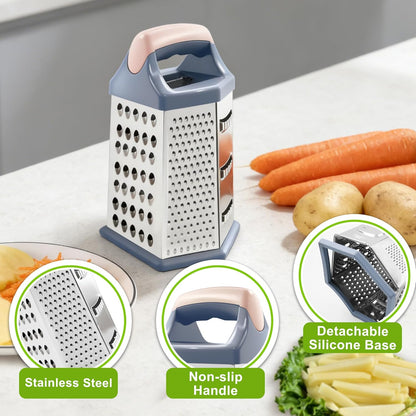 Cheese Grater, 6 Sides Box Graters for Kitchen, Stainless Steel Food Shredders for Cheese Vegetables Potatoes Carrot (Pink Handle)