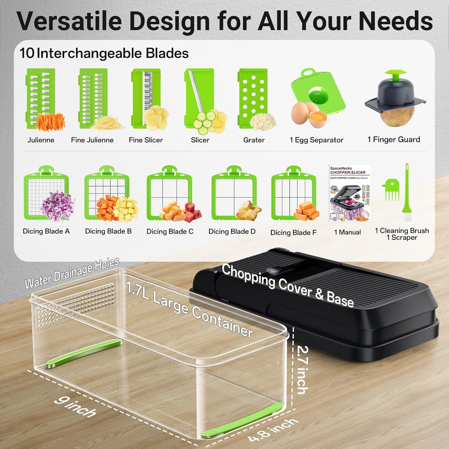 SpaceHacks 12-in-1 Vegetable Chopper, Kitchen Gadgets with 7 Blades, Veggie, Food, Onion Chopper, Cucumber Slicer, Versatile Mandoline, Includes Egg Separator & Finger Guard, Gray