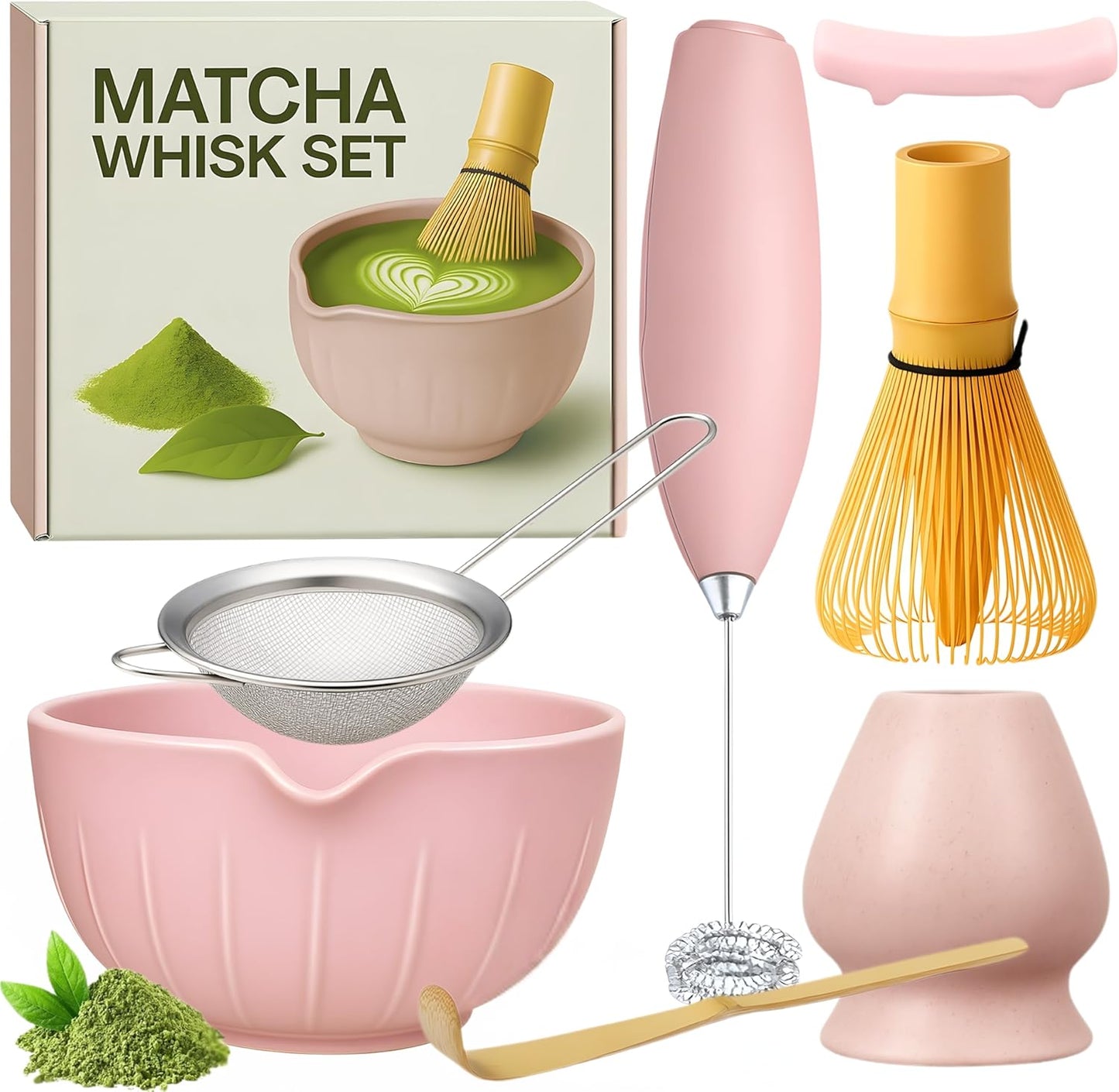 Matcha Whisk Set with Matcha Bowl - Matcha Set Included Electric Frother, Bamboo Whisk, Matcha Spoon, Bamboo Holder, Sifter, Spoon Stand (Blossom Pink)