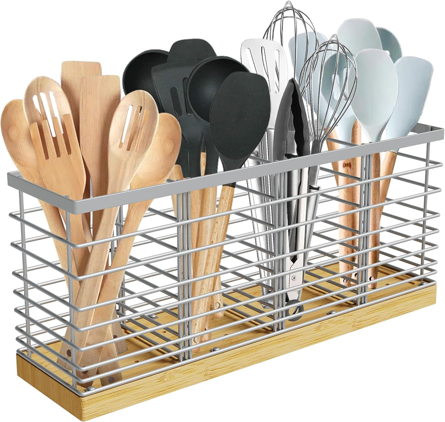 Suli Extra Large Kitchen Utensil Holder Countertop with 4 Compartments,Matte Black Metal holder with Wooden Base for Countertop,Farmhouse Utensil Organizer for counter,Rustic Cooking Utensil Organizer