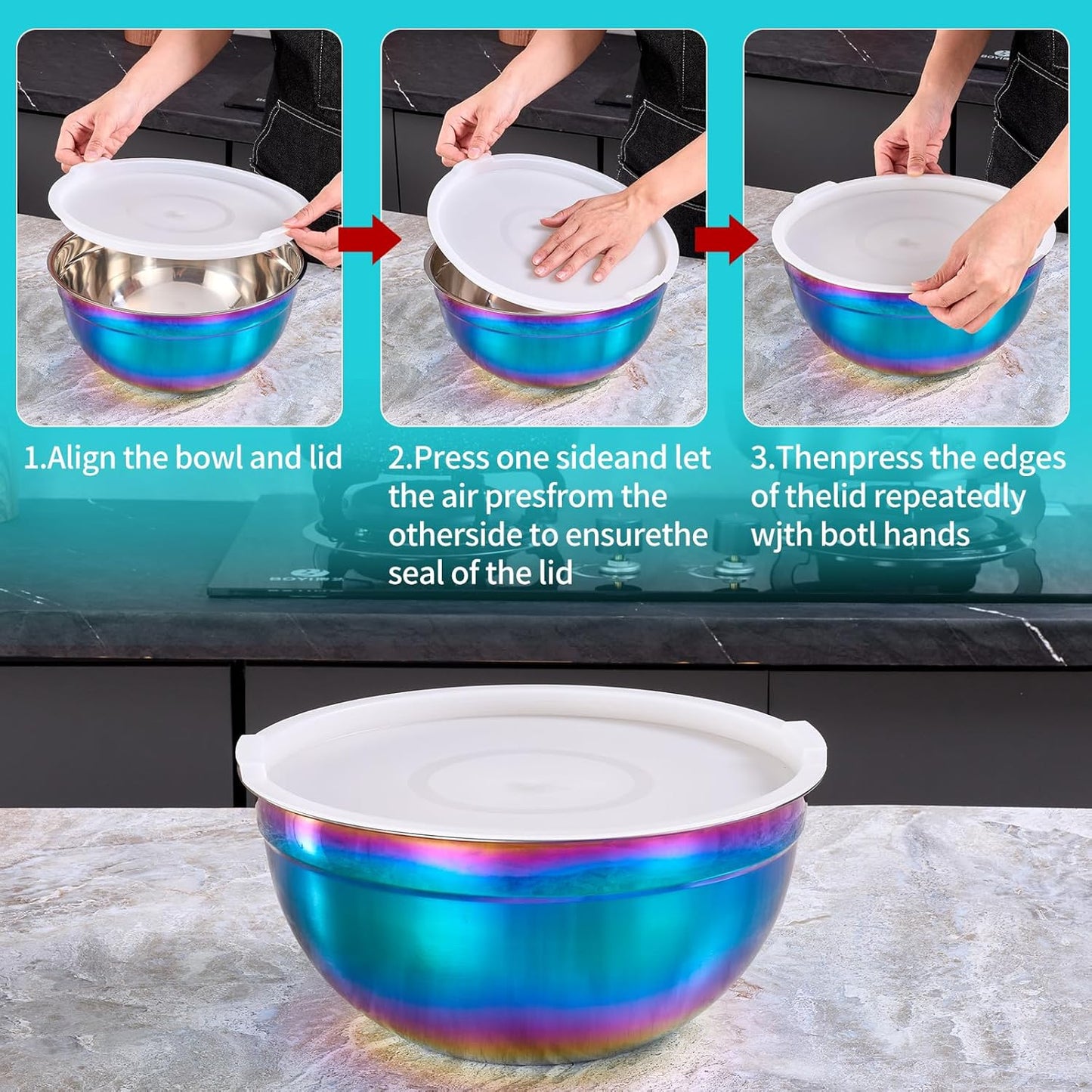4 Piece Gold Mixing Bowls With Lids for Kitchen, Stainless Steel Set Ideal for Baking, Prepping, Cooking and Serving Food, Nesting Metal Bowls for Space Saving Storage