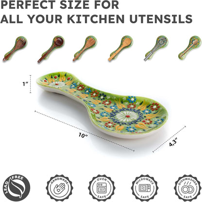 Handmade Spoon Rest, Ceramic Spoon Rest for Stove Top, 10" Spoon Rest for Kitchen Counter, Dishwasher Safe Spoon Holder for Stove, Housewarming Gifts Utensil Rest, Colorful Spoon Rests (Black)