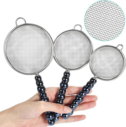 3 Sizes（2.76"+3.15"+3.94") Single Fine Mesh with Non-Slip Ceramic Handle,Perfect for Sift, Strain, Drain Rinse Vegetables