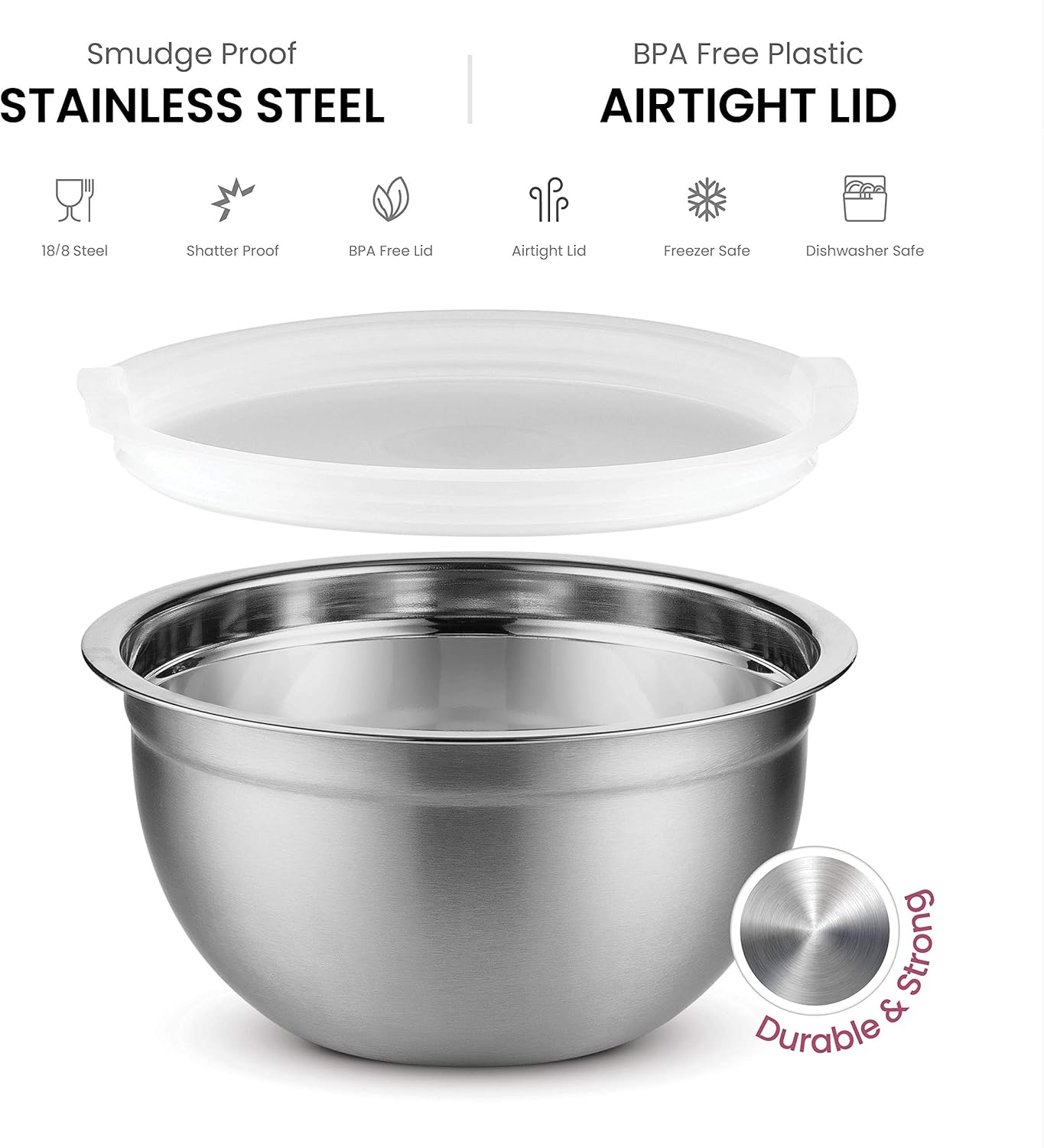 FineDine Stainless Steel Mixing Bowls Set with Lids, Home Kitchen Cooking Essentials Household Must Haves for Baking, 5 Pieces