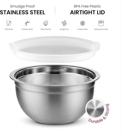 FineDine Stainless Steel Mixing Bowls Set with Lids, Home Kitchen Cooking Essentials Household Must Haves for Baking, 5 Pieces
