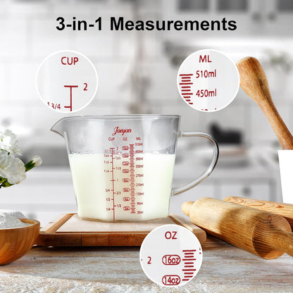 Joeyan 17 oz Glass Measuring Cup with Spout and Handle,2 Cup Large liquid Measuring Pitcher Jug,Stackable Borosilicate Kitchen Mixing Bowl,Glass Bakeware Batter Bowls