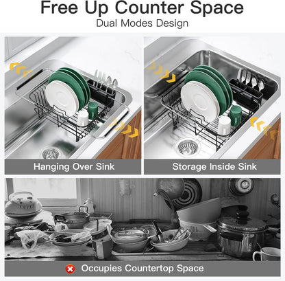 JASIWAY Roll Up Dish Drying Rack, Expandable (12.8"-23.8" D x 12.8" W) Stainless Steel Portable Drainer for Kitchen Sink Counter, Foldable Over The Sink Cover with Removable Utensil Holder