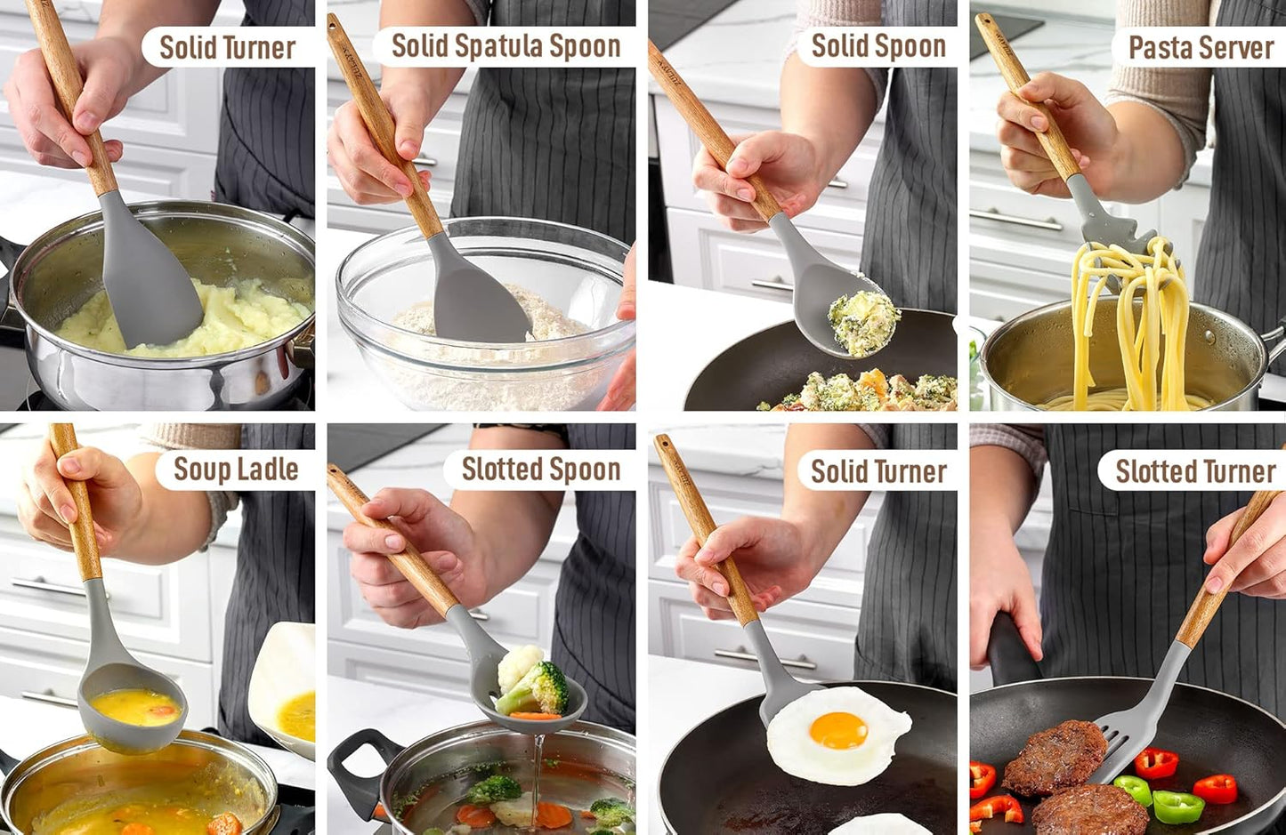 Zulay Kitchen Utensils Set Non-Stick Silicone Cooking Utensils Set with Authentic Acacia Wood Handles - 5 Piece Silicone Utensil Set - Kitchen Utensils Set with 464°F Heat Resistance - Gray