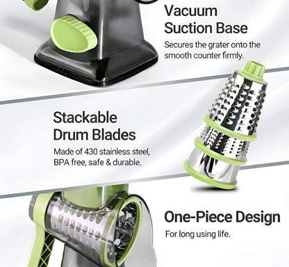 INCITATUS - Cheese Grater Hand Crank - Rotary Cheese Shredder - 3 Interchangeable Stainless Steel Blades & Strong Suction Base - Parmesan Vegetable Grater - Manual Kitchen Vegetable Slicer