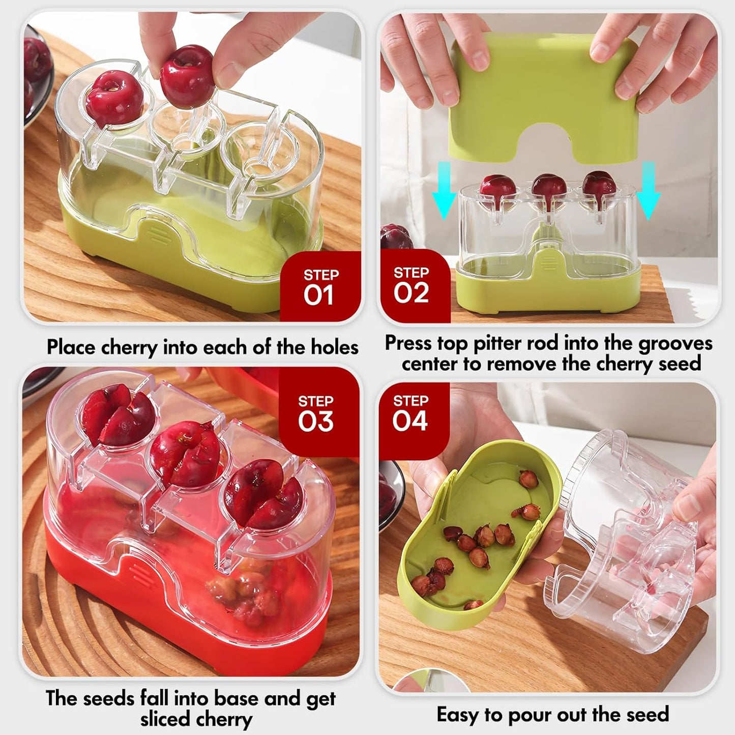 2-in-1 Cherry Pitter & Half Slicer, 3-Hole Cherry Seed Remover with Built-in Blade, with Clear Container (Apple Green)