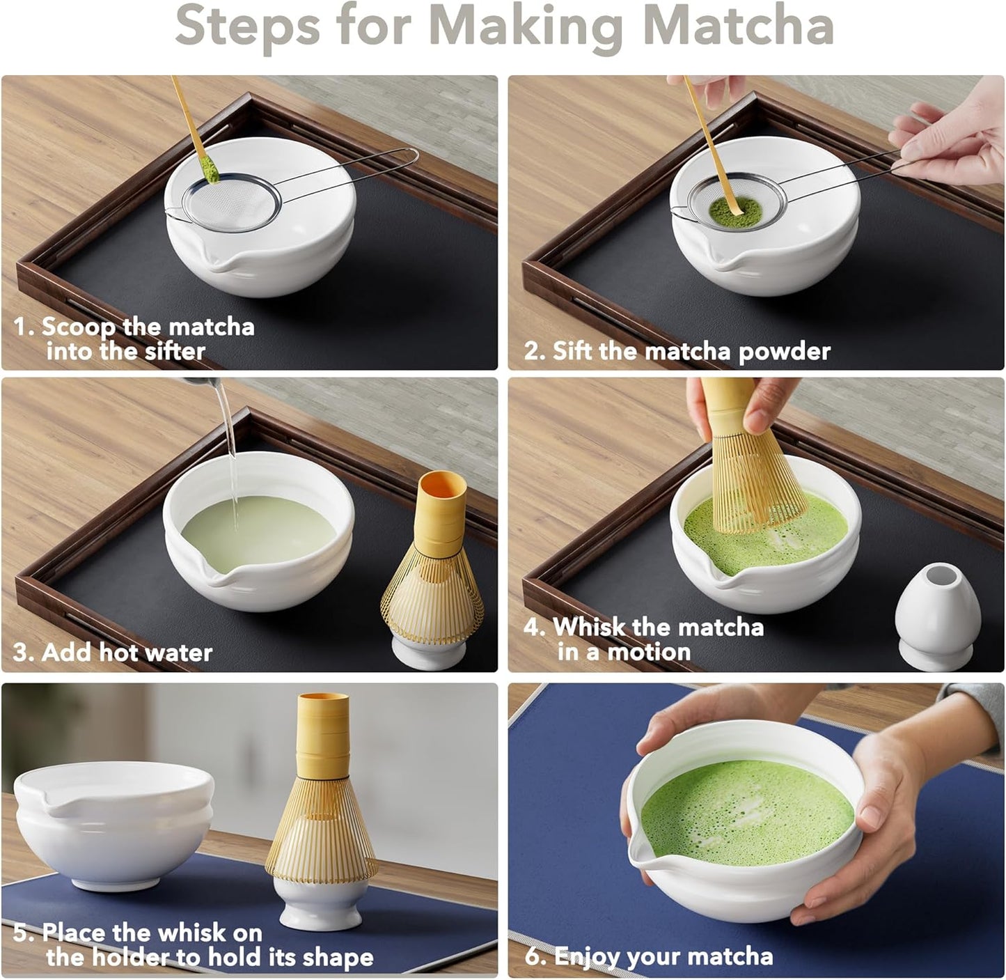 Matcha Whisk Set, Perfect Matcha Kit for Matcha Lovers Includes Ceramic Bowl, Bamboo Whisk, Holder, Scoop, Sifter & Cloth - 7 Pcs Matcha Kit