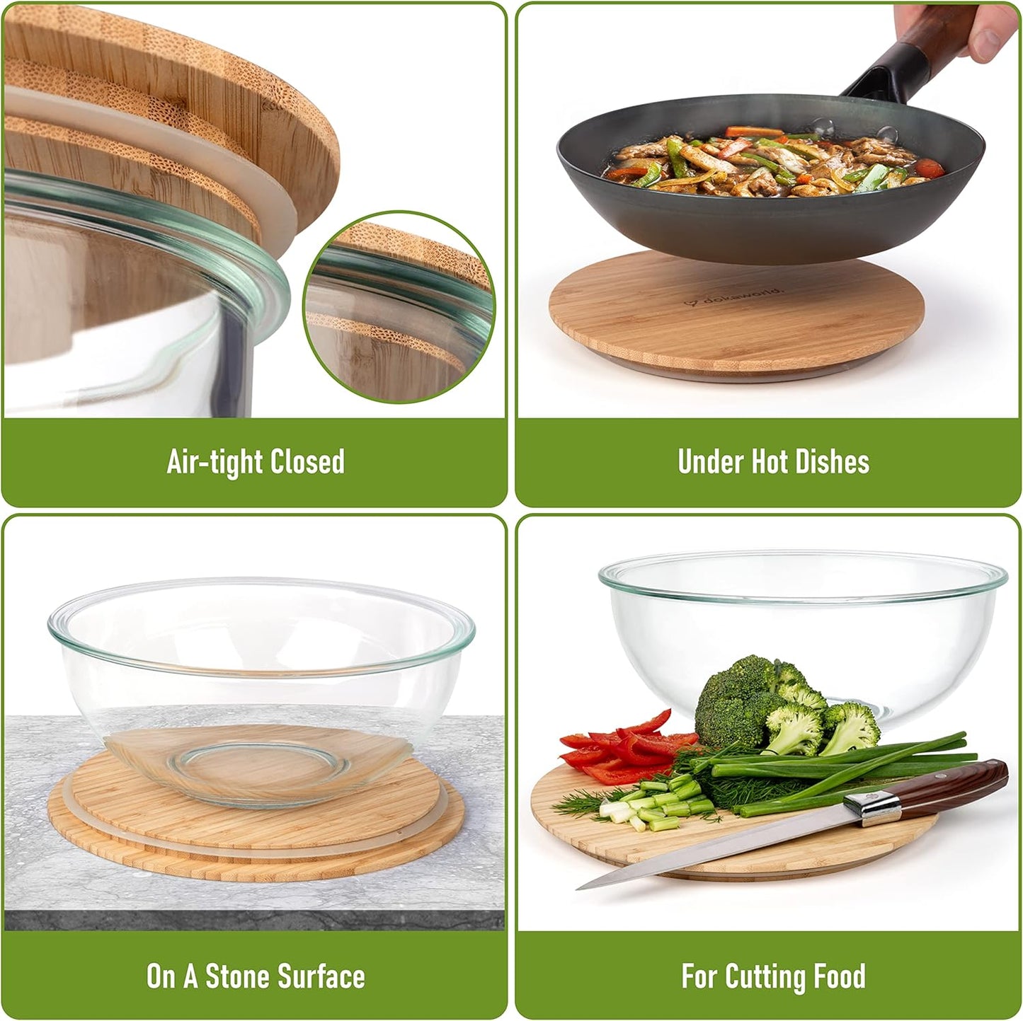 Set of 5 Nesting Glass Bowls with New Updated Acacia Lids for Foodprep, Storage, Mixing & Cooking - Microwave & Oven-ready BPA Free Durable Heat Resistant Inert Borosilicate Glass