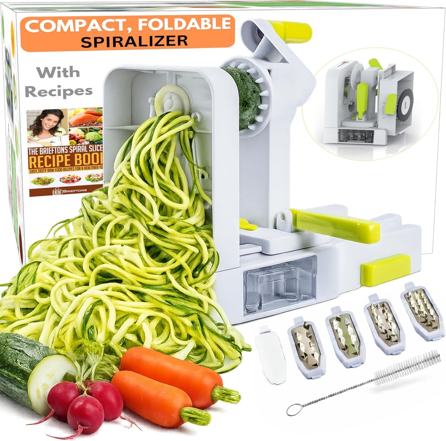 Brieftons QuickFold 5-Blade Spiralizer: Versatile & Compact Foldable Vegetable Spiral Slicer, Best Veggie Pasta Spaghetti Maker for Low Carb/Paleo/Gluten-Free with Brush & 4 Recipe Ebooks