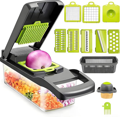 Vegetable Chopper,Multifunctional 8 Blades Food Choppers Onion Chopper Vegetable Slicer Cutter Dicer Veggie chopper,Colander Basket,Container for Salad Potato Carrot Garlic (Green)