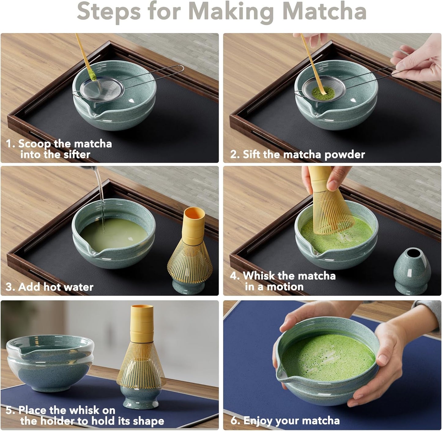 Matcha Whisk Set, Perfect Matcha Kit for Matcha Lovers Includes Ceramic Bowl, Bamboo Whisk, Holder, Scoop, Sifter & Cloth - 7 Pcs Matcha Kit