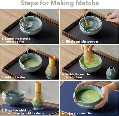 Matcha Whisk Set, Perfect Matcha Kit for Matcha Lovers Includes Ceramic Bowl, Bamboo Whisk, Holder, Scoop, Sifter & Cloth - 7 Pcs Matcha Kit