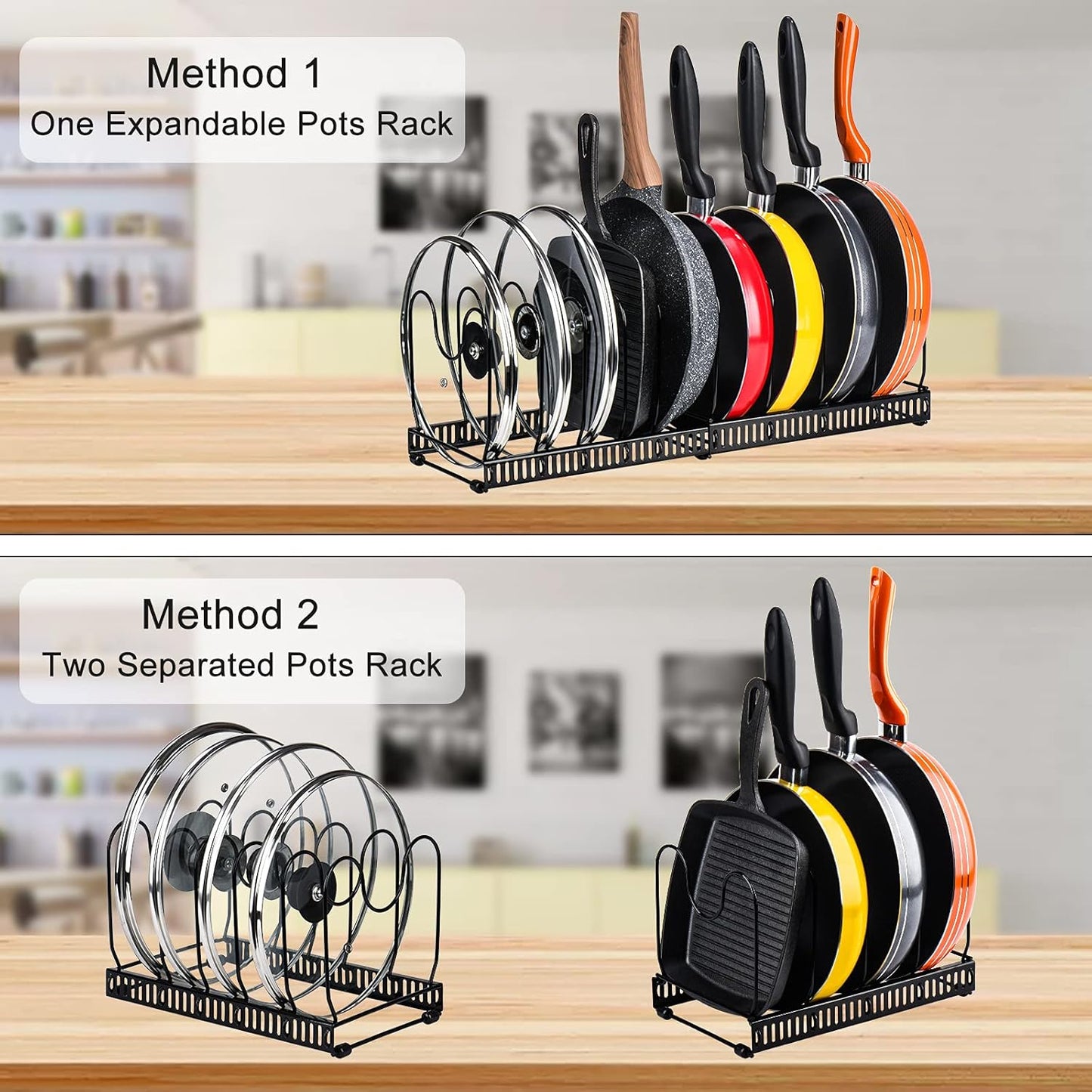 Toplife Pot Lids Organizer Rack for Cabinet and Countertop, 7+ Pan Lids and Bakeware Organizer Rack Holder with 7 Adjustable Compartments - Brown