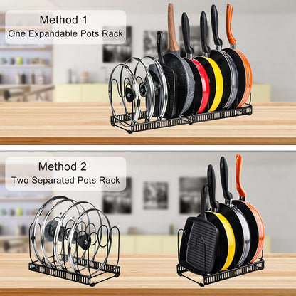 Toplife Pot Lids Organizer Rack for Cabinet and Countertop, 7+ Pan Lids and Bakeware Organizer Rack Holder with 7 Adjustable Compartments - Brown