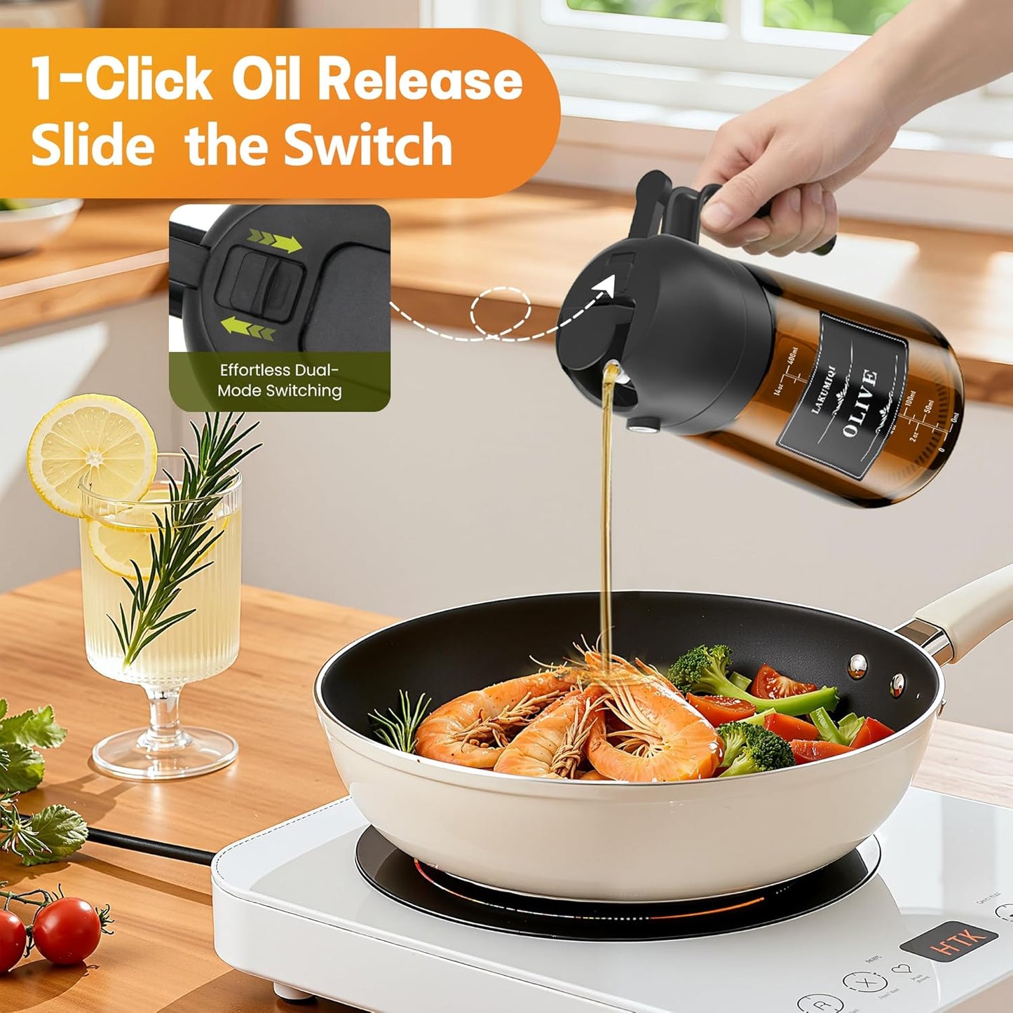 OURCABECUE 2 in 1 Olive Oil Sprayer for Cooking, 16oz/470ml Light-Blocking Dark Olive Oil Dispenser Bottle for Kitchen, Food-Grade Glass Oil Mister with 8 Oil Stickers