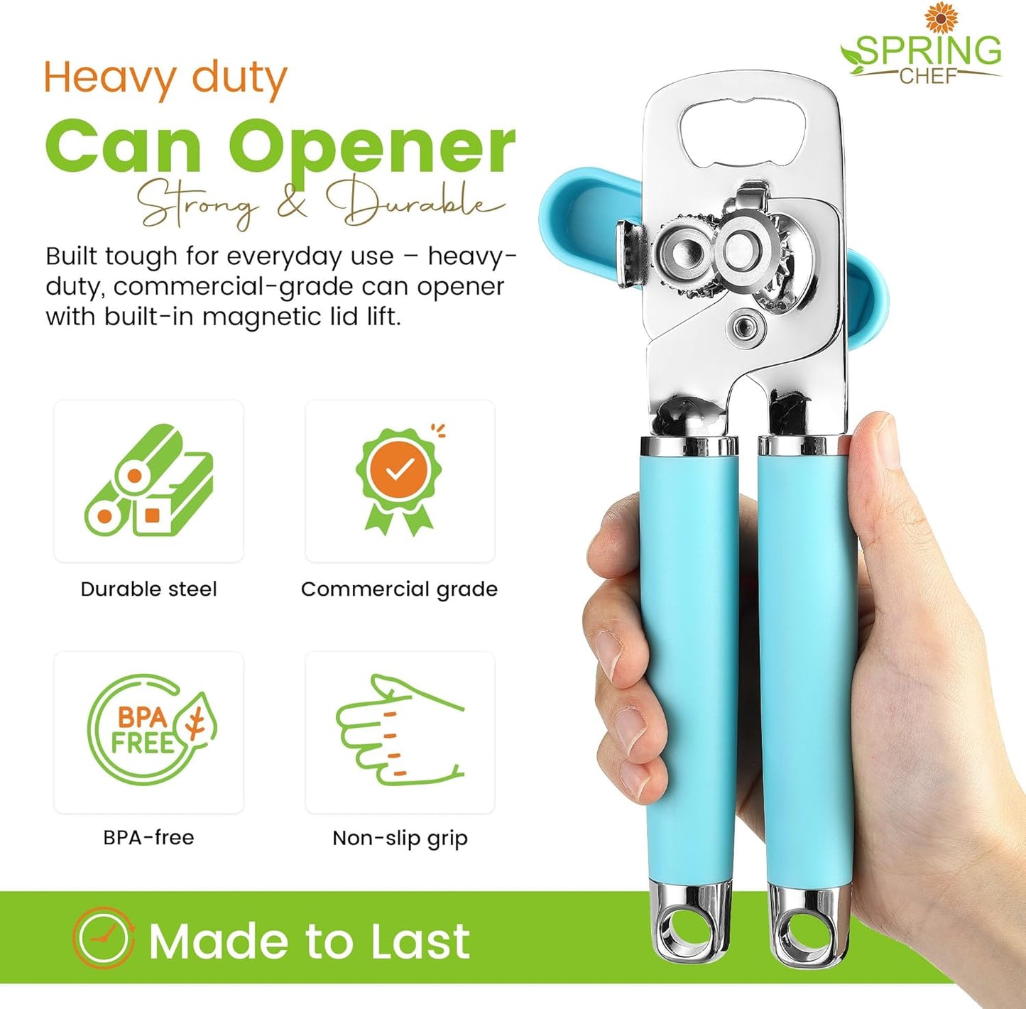Spring Chef Stainless Steel Can Opener - Manual with Soft Grip Handles, Easy Turn, Heavy Duty Hand Can Openers for Seniors with Smooth Edge - Magnetic Lid Remover - Black