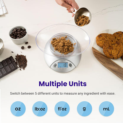 Etekcity 0.1g Food Kitchen Scale, Bowl, Digital Grams and Ounces for Weight Loss, Dieting, Baking, Cooking, and Meal Prep, 11lb/5kg, Stainless Steel Silver