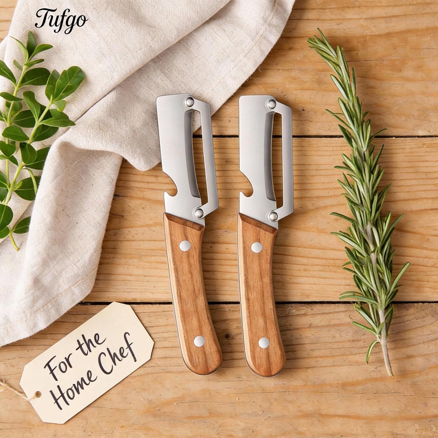 2 Pack 2 in 1 Multi Functional Vegetable Peeler with Bottle Opener and Wooden Handle Stainless Steel Blade Kitchen Tool for Sugar Cane Potato Fruit Pineapple Pumpkin Papaya Carrot Veggie Peeler