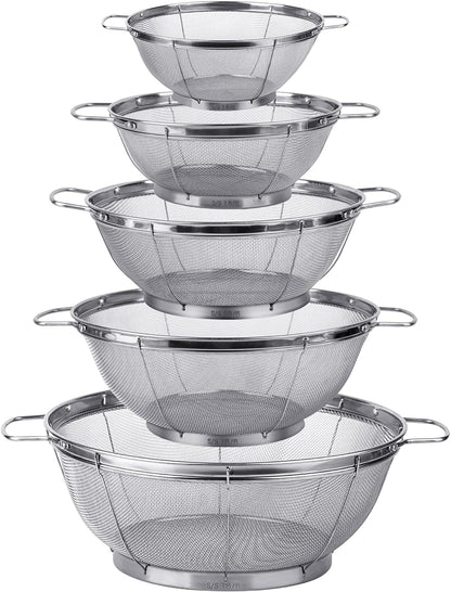 5 Pack 18/8 Stainless Steel Colander Sieves, Multi Size Mesh Strainer Net Baskets with Handles & Resting Base for Strain, Drain, Rinse or Steam