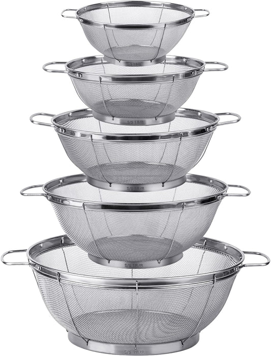 5 Pack 18/8 Stainless Steel Colander Sieves, Multi Size Mesh Strainer Net Baskets with Handles & Resting Base for Strain, Drain, Rinse or Steam