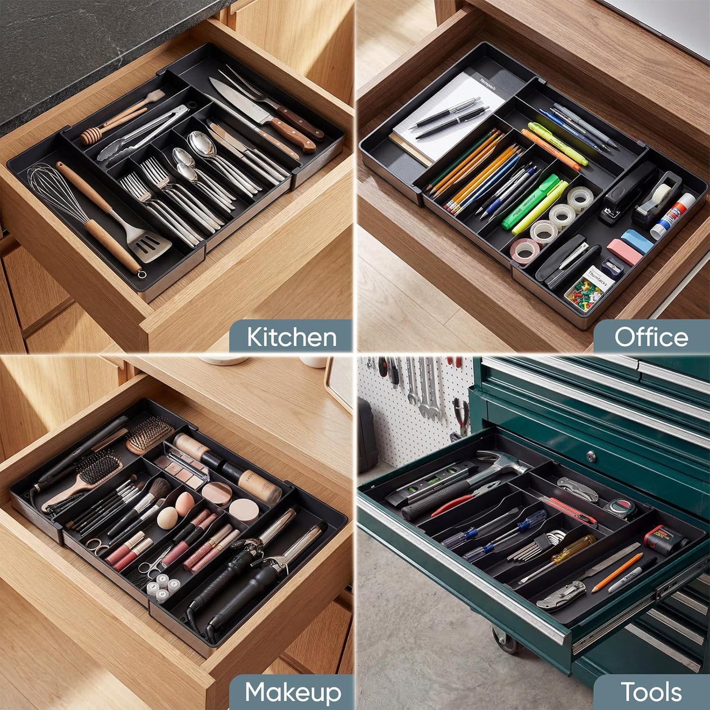 Extra Large Silverware Organizer, 9 Slot Expandable Kitchen Drawer Organizer, Utensil Holder, Heavy Duty Stainless Steel Frame Silverware Drawer Organizer, 8 Non-Slip Feet Included, BPA Free, Black