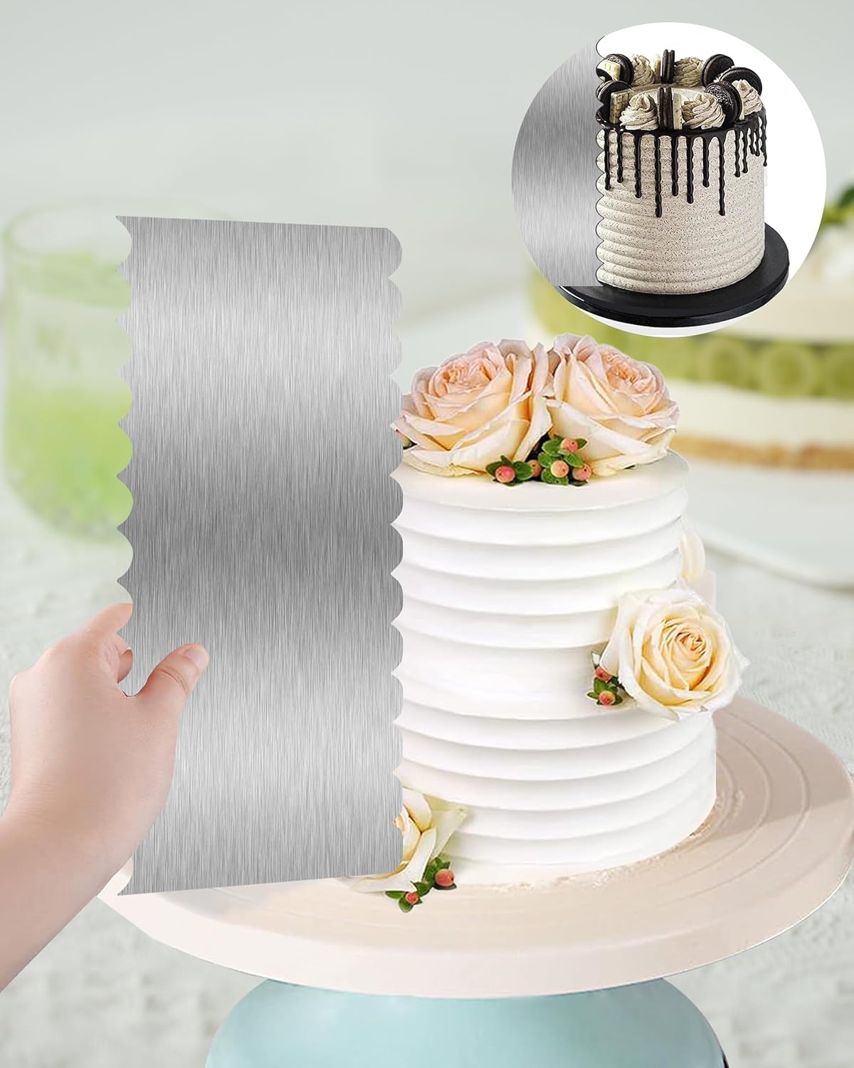 Cake Scraper Smoother Cake Decorating Supplies Kit 8.6 Inch Metal Bench Scraper for Baking Buttercream Smoother Stainless Steel Frosting Cake Comb Edge Side Jagged Comb for Cream Cake-1