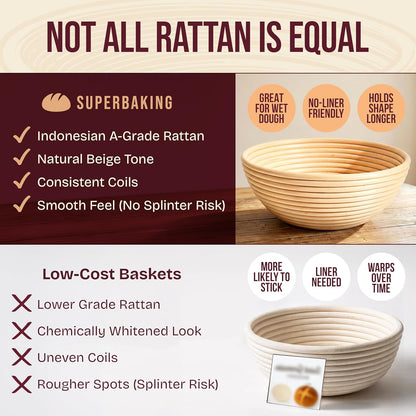 Superbaking Sourdough Starter Kit, 9" Round Banneton Bread Proofing Basket Set, Sourdough Bread Baking Supplies, Sourdough Tools with Silicone Bread Sling, Bread Making Tools, Baking Gifts