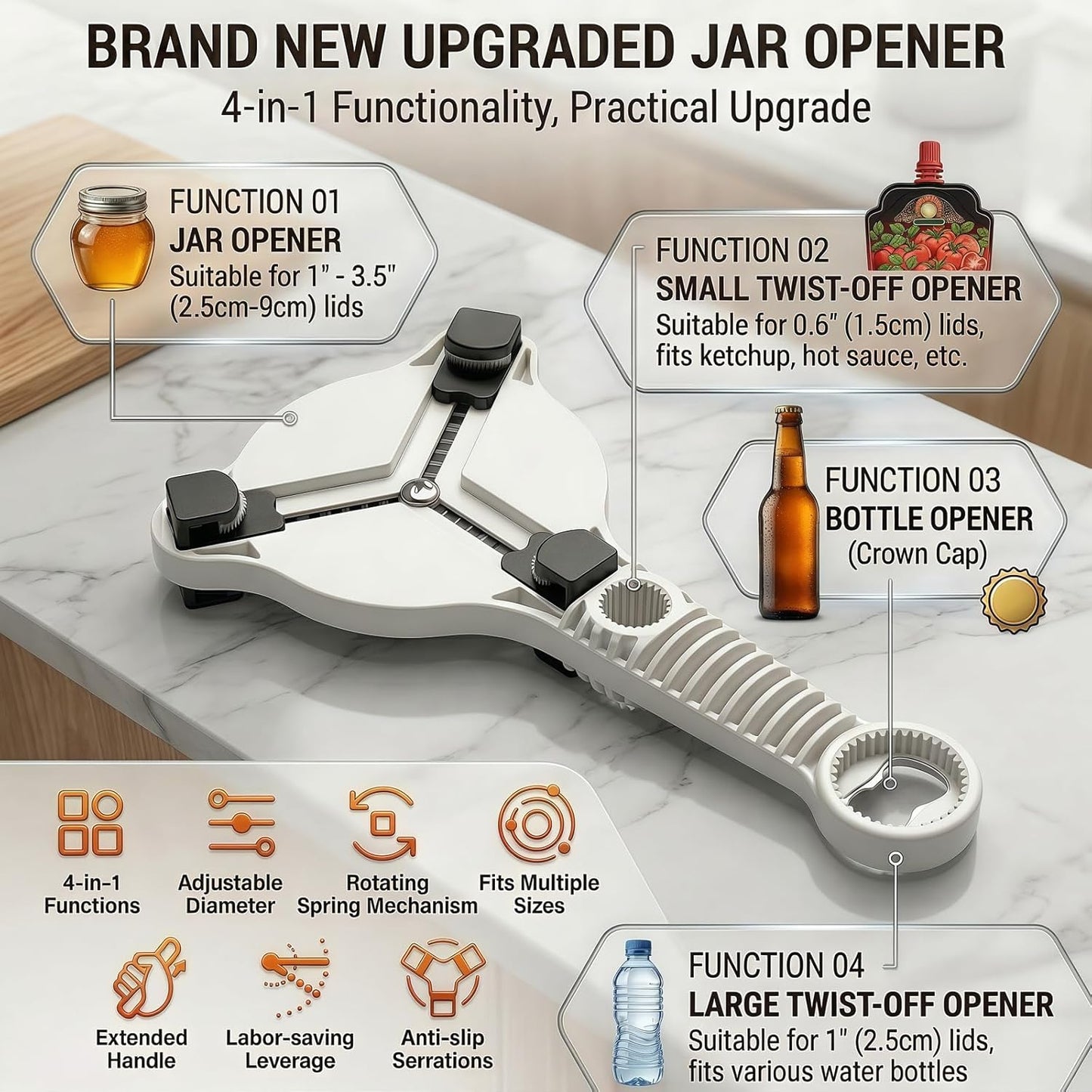 4-in-1 Adjustable Jar Opener for Weak Hands & Seniors — Ergonomic Non-Slip Handle, Multi-Size Lid Remover for Mason Jars, Bottles & Cans (Grey)