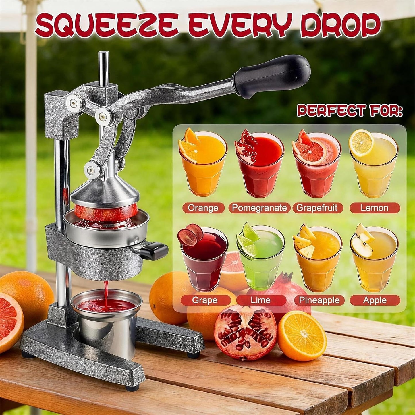 Cast Iron Citrus Juicer Hand Press, Heavy Duty Manual Orange Juicer Squeezer with 304 Stainless Steel Cup & Strainer, Lemon Grapefruit Pomegranate Press, Grey