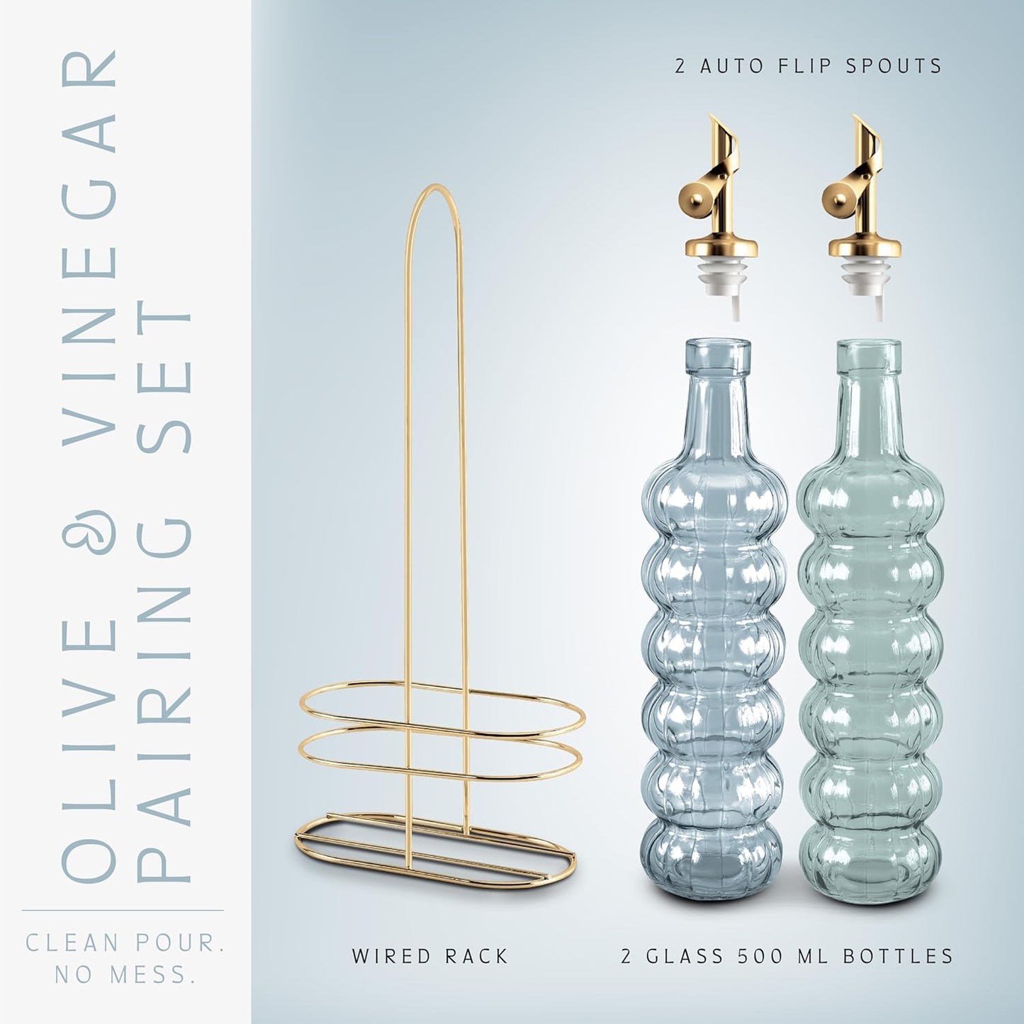 COOK WITH COLOR Glass Olive Oil Bottle Dispenser - 2 Pack- 17oz Oil and Vinegar Cruet - Olive Oil Carafe Decanter for Kitchen, Elegant Waves, Clear