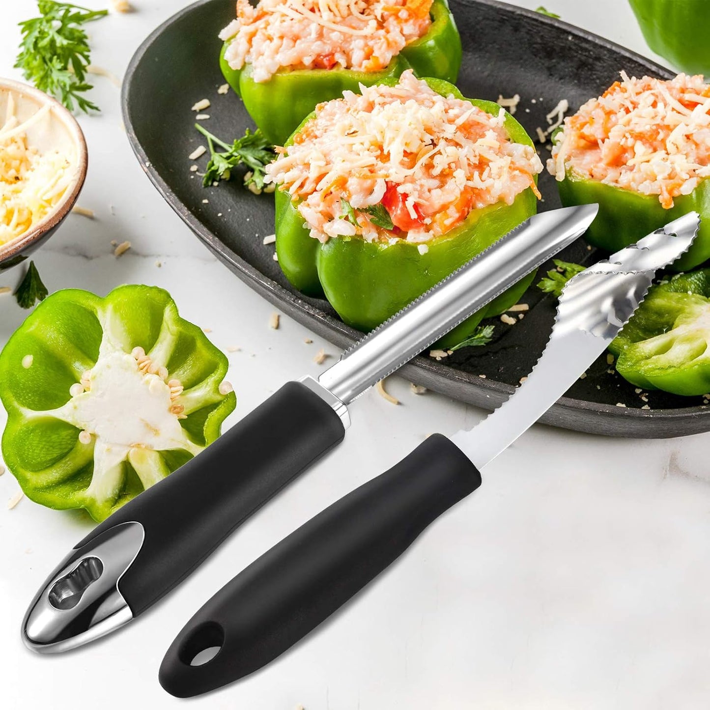 2 Pieces Jalapeno Pepper Corer Zucchini Cucumber Corer Remover with Serrated Slice and Rubber Handle Seed Remover or Slice Off Vegetables Tops for Kitchen